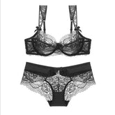 Women's Underwire Bras Padless 3,4 Cup Lace Pure Color Hook & Eye Polyester Sexy 1 set Black Purple , Plus Size , Bra & Panty Set , Plus Size